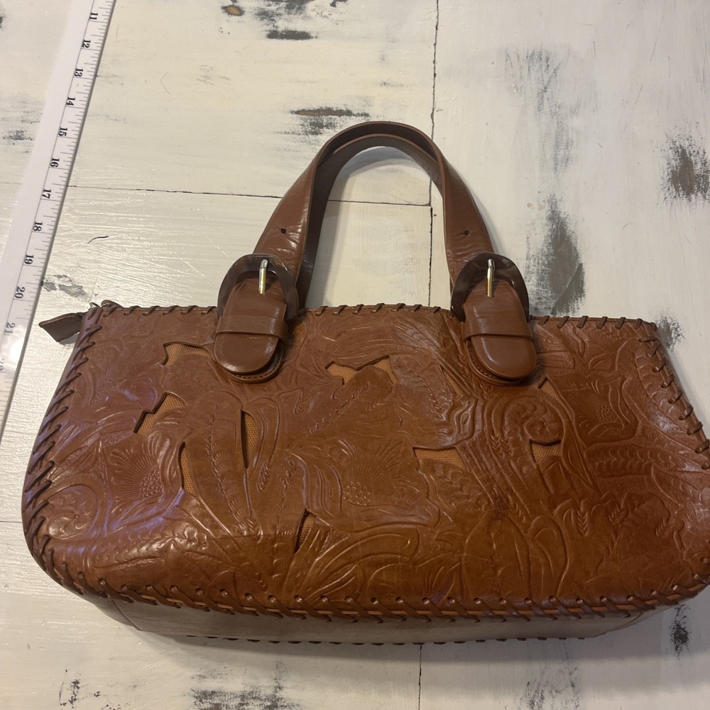 via spiga bag Satchel Brown With Cut Out Designs Leather